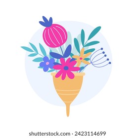 Menstrual cup with flowers. Eco protection for woman in critical days. Vector illustration on the theme of menstruation, feminine hygiene products