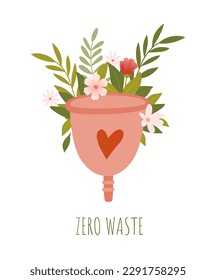Menstrual cup with flowers flat vector illustration. Zero waste reusable protection for woman in critical days. Feminine hygiene. 
