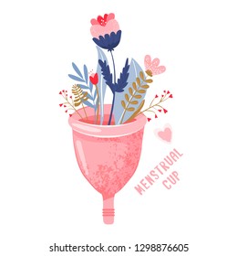 Menstrual cup with flowers and leaves. Eco protection for woman in critical days. Vector illustration on white background.