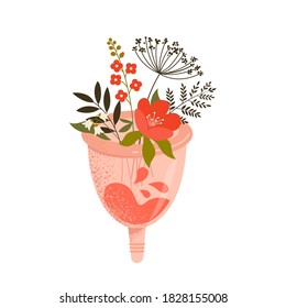 Menstrual cup with flowers and leaves. Eco protection for woman in critical days. Vector illustration on white background.