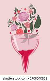 Menstruationstasse mit Blumen, Vektorgrafik. Gesundheitskonzept für Frauen