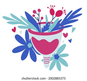 Menstrual cup with flowers. Zero waste concept. Women period. Intimate hygiene. Eco protection for woman in critical days. Vector illustration on white background.