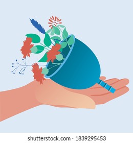 Menstruationstasse einzeln in der Hand. Flache Vektorgrafik. Menstruationskonzept, Frauenhygiene, Öko-Becher. Blumenstruellbecher. Illustration mit weiblicher Hand und Blättern einzeln