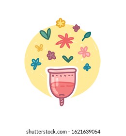 Menstrual cup icon in cartoon doodle style. Zero waste life concept. Hand drawn female reusable personal hygiene element. Design Sticker with nature organic flower decoration. No plastic style. Vector