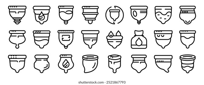 Menstrual cup icons set. Line icons showing different menstrual cups, a reusable feminine hygiene product for periods