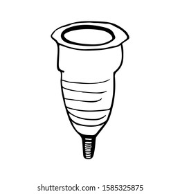 Menstrual cup isolated on white background in doodle style. Zero waste concept. Vector hand drawn stock illustration. Blood collection container. One contour. Liner. Design women's cosmetic products.