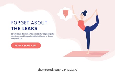 Menstrual cup landing page template. Happy woman doing yoga during menstruation. Forget about the leaks. Vector flat cartoon illustration