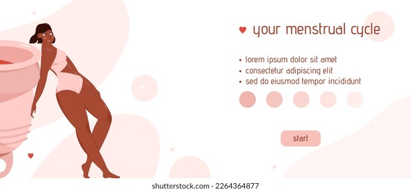 Página de préstamo de taza menstrual. Banner web con mujeres afroamericanas y texto.