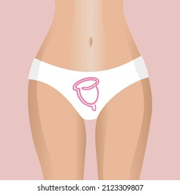 Menstrual cup on the background of white women's underpants. Flat illustration for feminine hygiene products. 