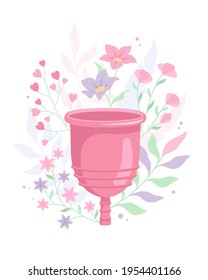 Menstruationstasse auf floralem Hintergrund, Vektorgrafik