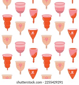 Menstruationsbecher-Muster. Feminine intime Hygieneprodukte. handgezeichnete Vektorgrafik kawaii