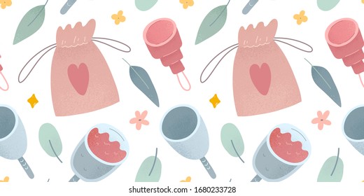 Menstrual cup pattern, silicone cup for womens period, monthly supplies for menstrual cycle, seamless vector pattern, textured illustrations, hand drawn art, repeat background, modern cartoon backdrop