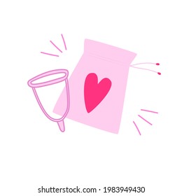 Menstrual cup and pouch with heart. Vector illustration