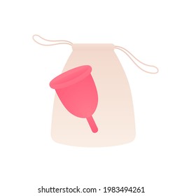 Menstrual Cup And Reusable Menstruation Equipment. Vector Flat Illustration. Red Cup And Cloth Eco Pouch Isolated On White Background.