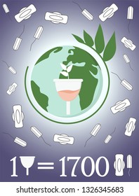 Menstrual cup saves the planet Earth from pollution. Infographics about the benefits of the menstrual cup. Vector illustration.