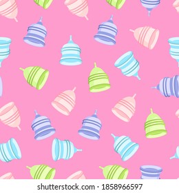Menstrual cup seamless pattern. Set of menstrual cups on pink background. Women's health.