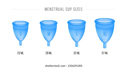 Menstrual cup set. 3D realistic. Female intimate hygiene, menstruation cup. Different sizes of cups S, M, L, XL. Vector illustration