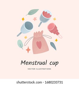 Juego de vasos menstruales, varias tazas de silicona para periodos femeninos, bolsa de tela, material reutilizable para menas, ascensor de basura cero, disposición de ilustración vectorial, bien como banner o tarjeta