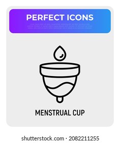 Icono de línea delgada de taza menstrual. Cero desperdicio. Ilustración vectorial moderna del cuidado de la higiene del período femenino.