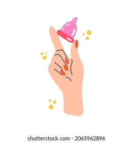 Menstrual cup in the woman hands illustration. Zero waste and plastic free periods. Trendy sanitary product.