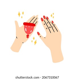 Menstrual cup in the woman hands illustration. Zero waste and plastic free periods. Trendy sanitary product.
