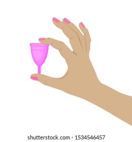 Menstrual Cup in woman's hand.  Zero waste supplies for  feminine personal hygiene.  Plastic-free concept. Illustration for, medicine, menstruation, critical days
