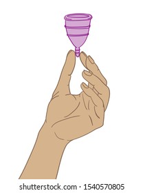 Menstrual Cup in woman's hand.  Zero waste supplies for  feminine personal hygiene.  Plastic-free concept. Hand drawn sketc Illustration for, medicine, menstruation, critical days
