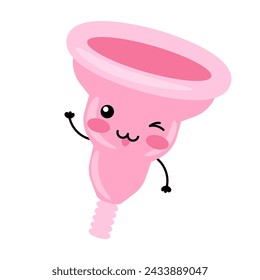 Menstrual cup. Women's intimate hygiene item. Happy kawaii character.