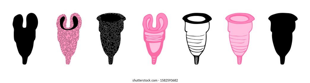 Menstrual cups big set isolated on white.Black and pink colors.Doodle cartoon style.Vector hand drawn stock illustration.Zero waste supplies for personal hygiene.Plastic-free concept.Feminine hygiene.