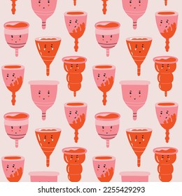 Menstrual cups characters pattern. Feminine intimate hygiene cartoon products. Hand drawn vector mascot kawaii illustration