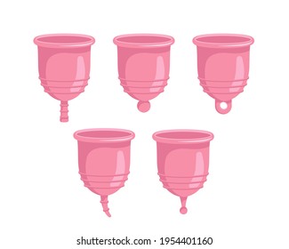 Menstrual cups with different stems, set of vector illustrations