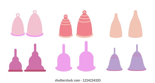 Menstrual cups icons set in flat style. For ads, shop, womans magazine. Vector illustration. Two sizes period cup