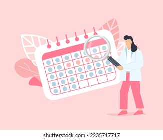 Calendario del ciclo menstrual con ginecólogo médico sosteniendo la lupa aislada en el fondo rosado