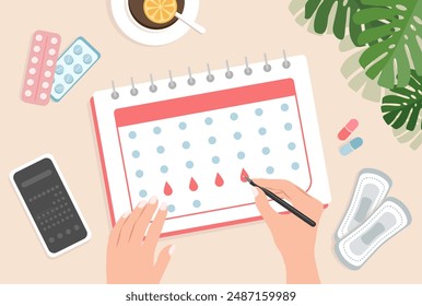 Calendario del ciclo menstrual. Vista superior de las manos femeninas llenando un calendario sentado en la mesa. Ilustración vectorial