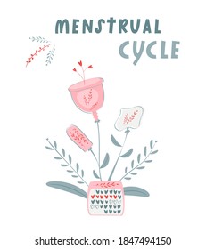 Concepto de ciclo menstrual. Copa menstrual ecológica en forma de flores. Producto de higiene femenina aislado. Taza menstrual reutilizable. Ilustración moderna a mano de una taza de silicona rosa.