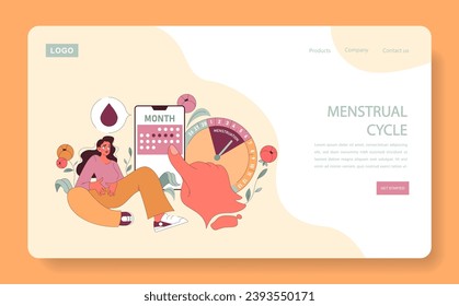 Concepto de ciclo menstrual. Una mujer, junto con el calendario digital y el reloj que resaltan los días menstruales, navega por las complejidades de su ciclo. Viaje fisiológico mensual. Ilustración vectorial plana.