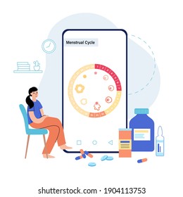 Menstrual cycle diagram. Woman health concept. Menstruation phases. Ovum development. Online period in web app. Pregnancy and ovulation medical flat vector illustration. Female reproductive system