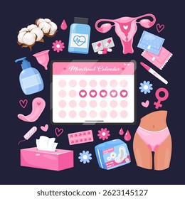 Menstrual Cycle icons collection includes hygienic pads, menstrual calendar, tampon, menstrual cup, cotton flowers, napkins, pills isolated on dark background.