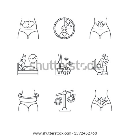 Menstrual cycle linear icons set. Predmenstrual syndrome. Bloating. Aromatherapy. Hormone imbalance. Thin line contour symbols. Isolated vector outline illustrations. Editable stroke. Perfect pixel