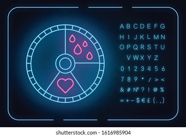 Menstrual cycle neon light icon. Menstruation days tracking. Gynecology calendar. Reproductive system schedule. Glowing sign with alphabet, numbers and symbols. Vector isolated illustration
