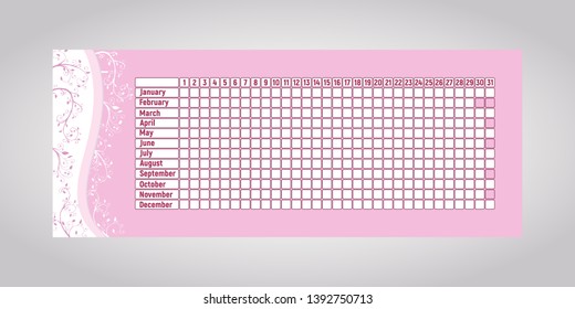 Menstrual cycle period calendar. Monthly woman menstruation control. Vector illustration. Empty pink table.