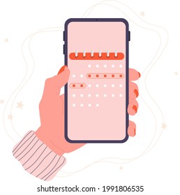 Menstrual cycle. Phone in hand with a calendar. Period. Phone app, ovulation tracking. Vector stock illustration on isolated white background.