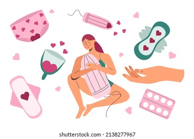 Menstrual cycle. PMS. The woman is holding a tampon. Various hygiene items. Vector illustration.