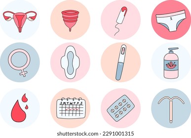 The menstrual cycle set with a menstrual cup, uterus, tampon, sanitary napkin, ovulation test, intrauterine spiral, menstrual calendar, soap, panty, and pills.