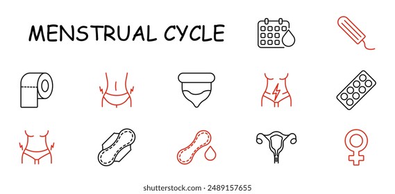 Menstruationszyklus-Set-Symbol. Kalender, Tampon, Polster, Uterus, Schmerzen, Abdomen, Toilettenpapier, Medizin, Hygiene, Periode, Frau, Gesundheit, Zyklus, Gynäkologie, Eisprung, Menstruation, Krämpfe, weiblich.