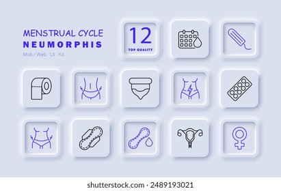 Menstrual cycle set icon. Calendar, tampon, menstrual pad, uterus, pain, sanitary pad, period, tablet, hygiene, ovary, contraception, symptom, woman.