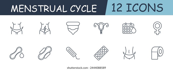 Menstrual cycle set line icon. Uterus, ovaries, toilet paper, pad, tampon, underwear, calendar. 12 line icon. Vector line icon for business and advertising