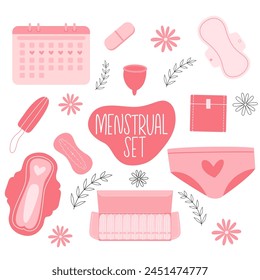 Menstrual cycle set. Menstruation calendar. Period. Menses products