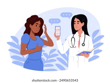 Menstrual cycle tracker mobile app. The doctor is holding a smartphone with graphic representation of period calendar. Vector illustration.