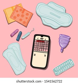 Menstrual cycle vector doodle hand drawn set of female hygiene products for critical days. Set of women's means of personal hygiene vector illustration. Menstrual cup, sanitary pad, tampon, pills